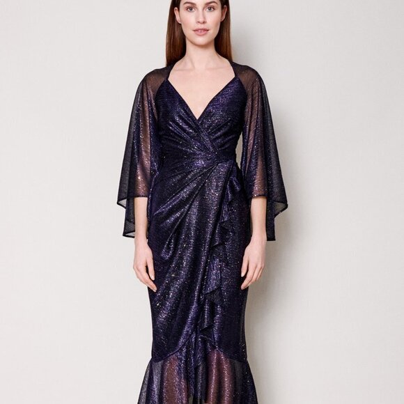 New Talbot Runhof Concavo1 Sprinkled Metallic Voile Wide Sleeve Midi Dress 6 US - Picture 5 of 17